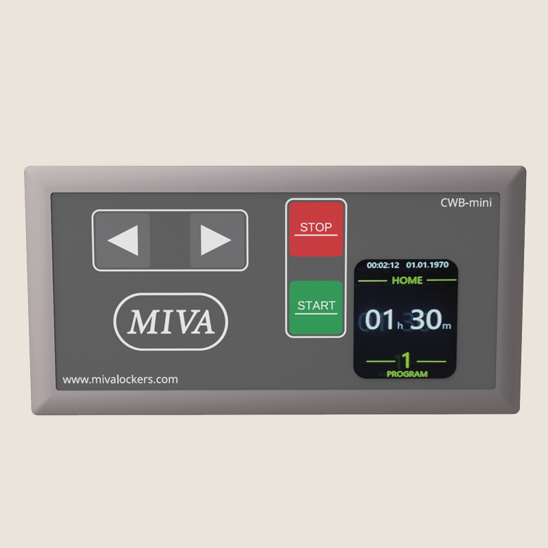 A digital control panel by MIVA with a small display showing a timer of 1 hour and 30 minutes, with start and stop buttons, and navigation arrows.
