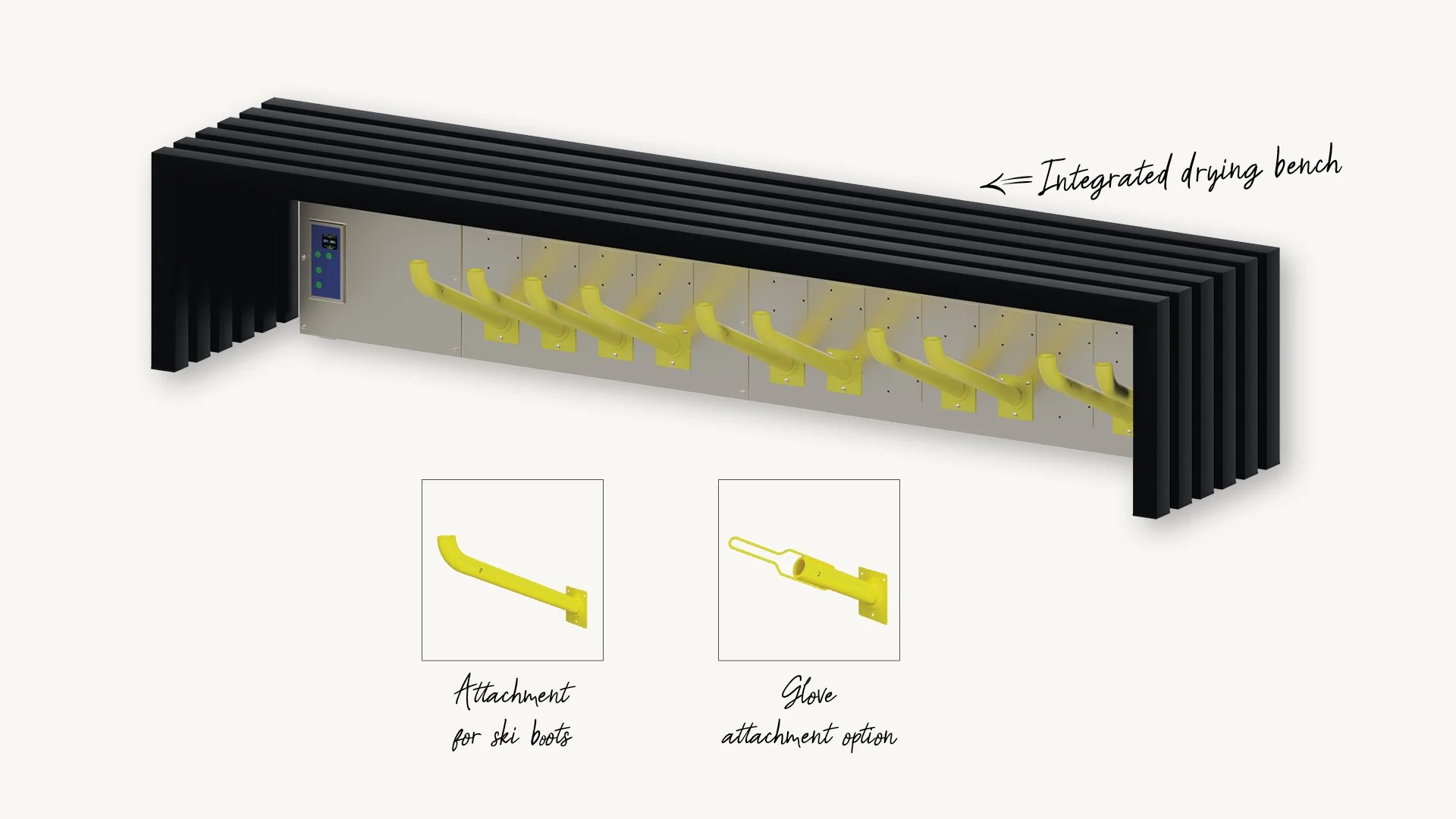A digital diagram of an integrated drying bench featuring yellow ski hooks attached to a white board, with an optional glove attachment hook, black side panels, and a small control panel on the left.
