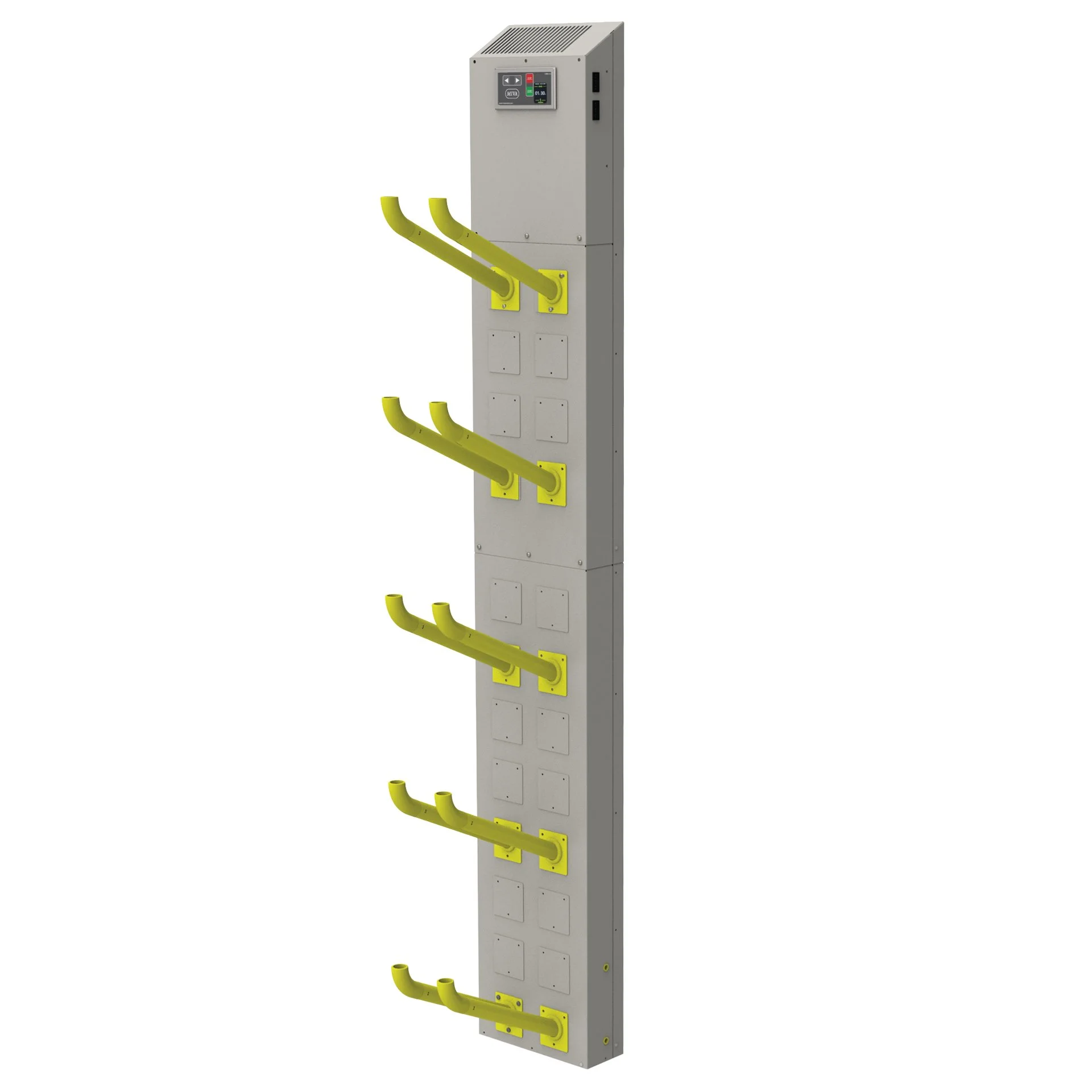 Vertical charging station with yellow charging arms and a control panel at the top.