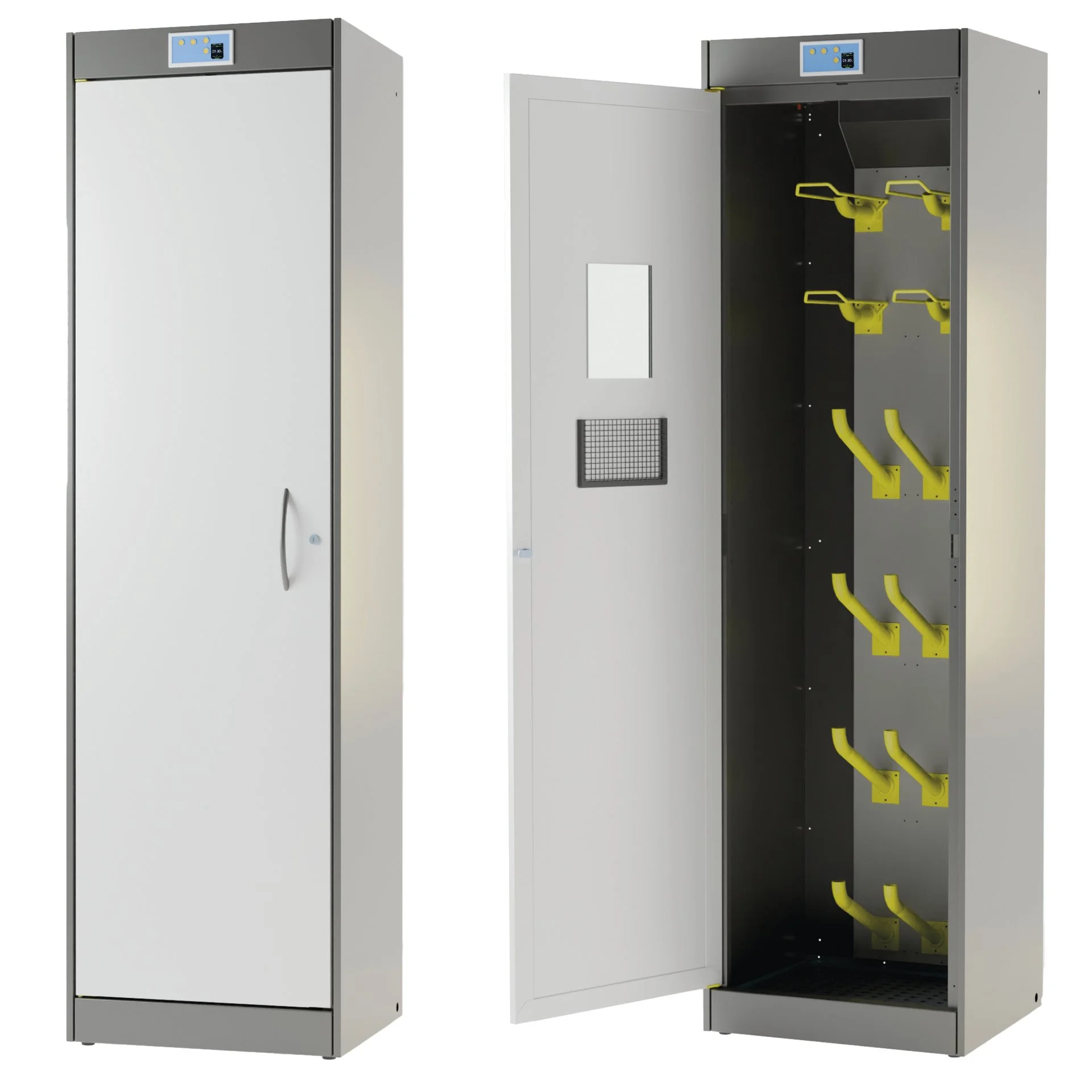A gray metal locker with a closed door on the left and an open door on the right, revealing yellow hooks inside for hanging items.