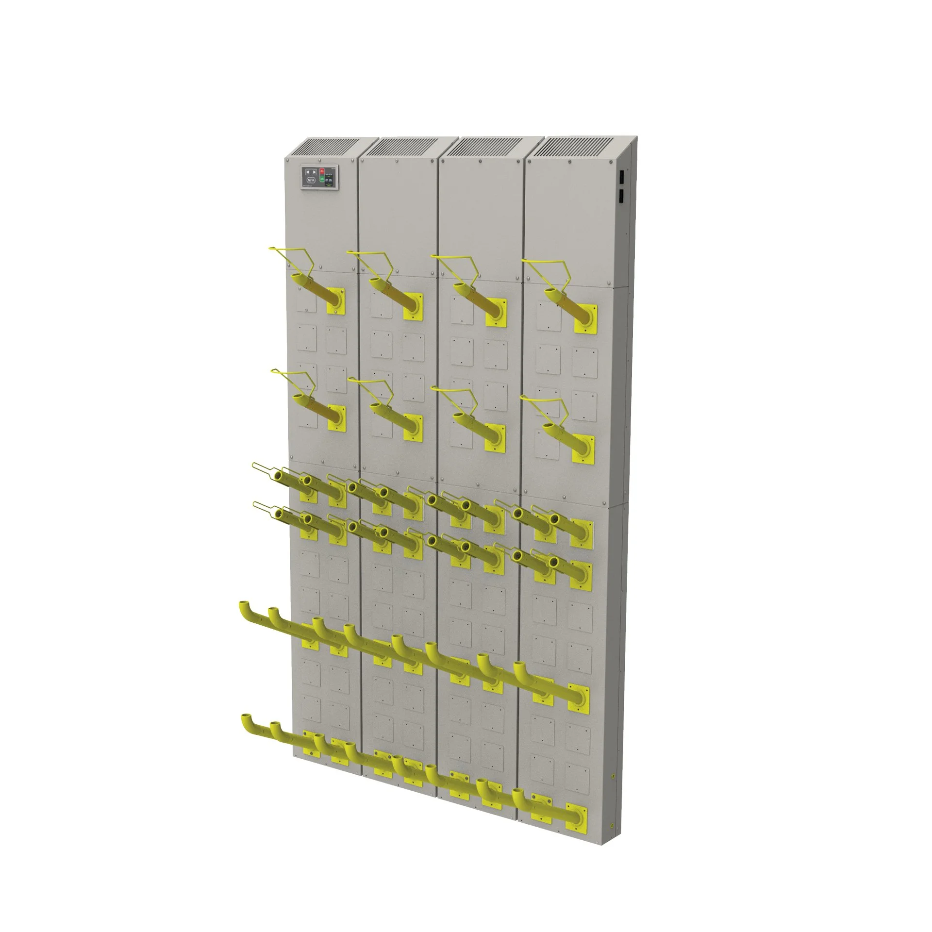 A modular locking storage system with multiple compartments and yellow hooks and handles for tool organization.