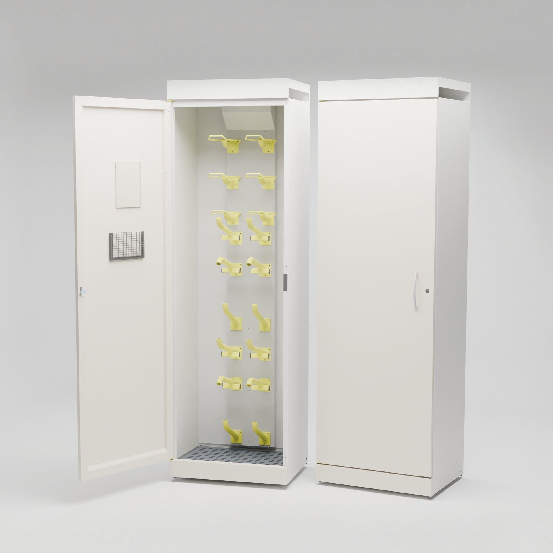 Medical specimen storage cabinet with yellow medical hooks and open door.