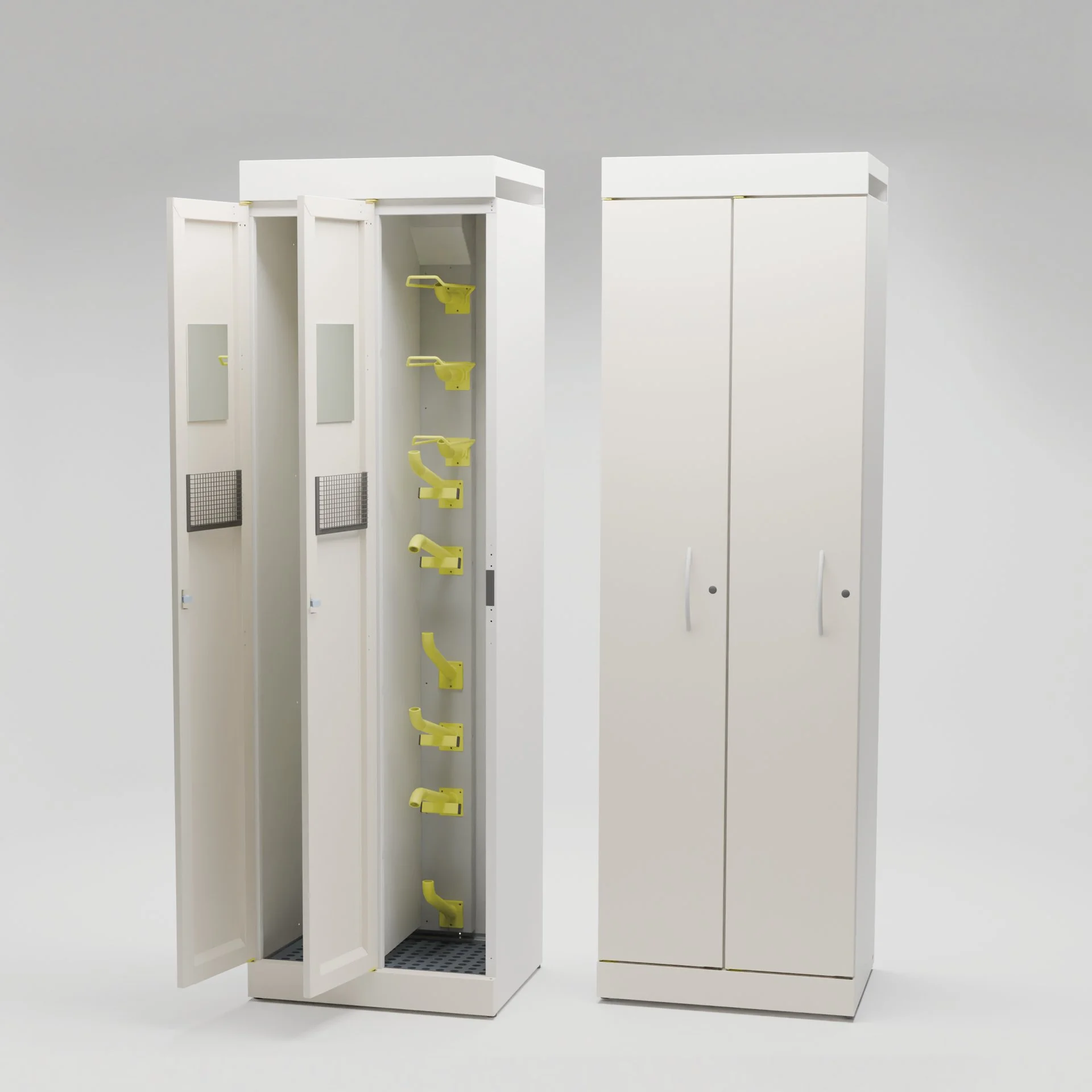 Two white storage cabinets; the one on the left has open doors revealing hooks and small mirrors inside, the other is closed.