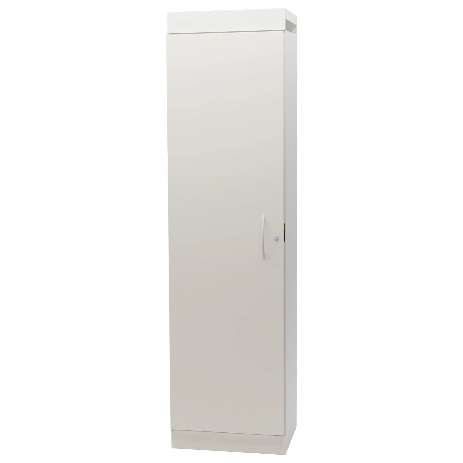 A tall, white metal storage cabinet with a single door and a curved handle, standing upright.