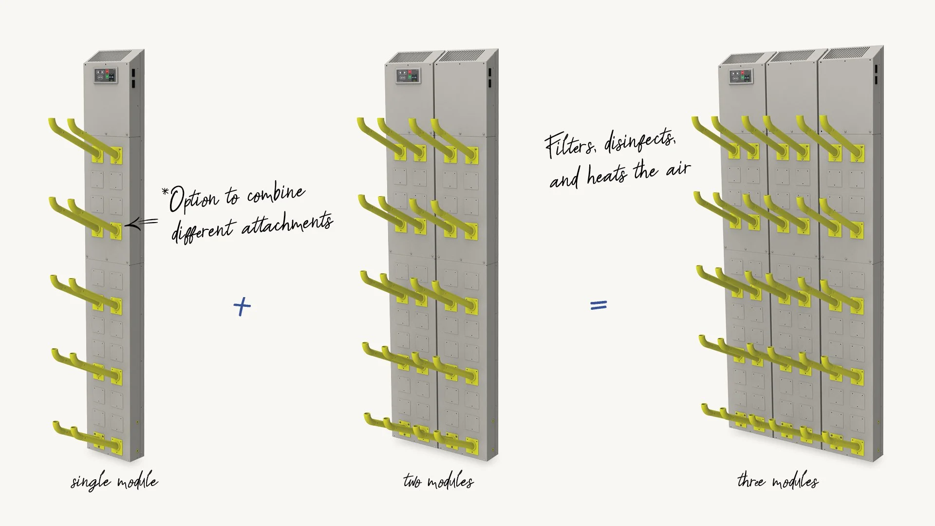 Diagram showing three air filtration modules, each with multiple yellow attachment hooks. The first module is labeled 'single module,' the second 'two modules,' and the third 'three modules.' Handwritten notes indicate optional attachments to combine modules and that filters, disinfects, and heats the air.