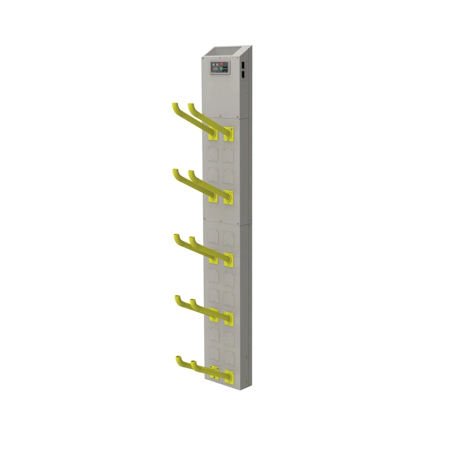 Charging station with multiple yellow charging connectors mounted on a tall gray panel, featuring a digital display at the top.