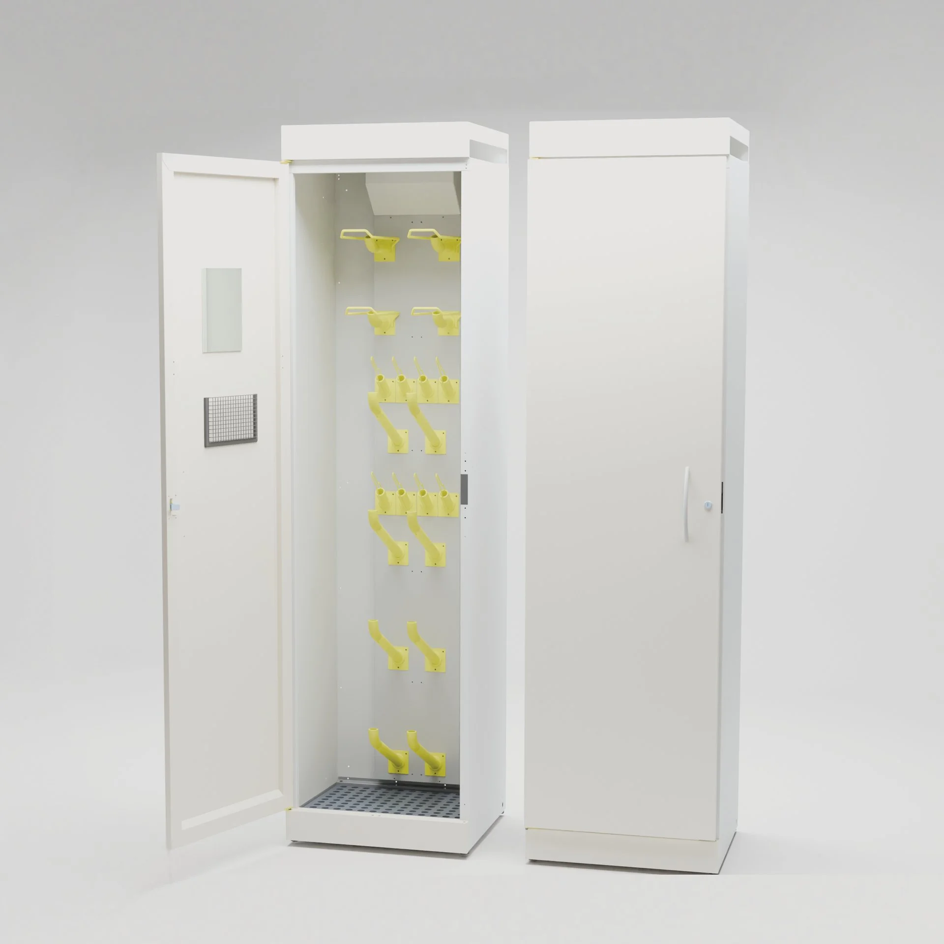White medical or electrical cabinet with open door showing yellow hooks and attachments inside, and a closed door cabinet beside it, against a plain white background.