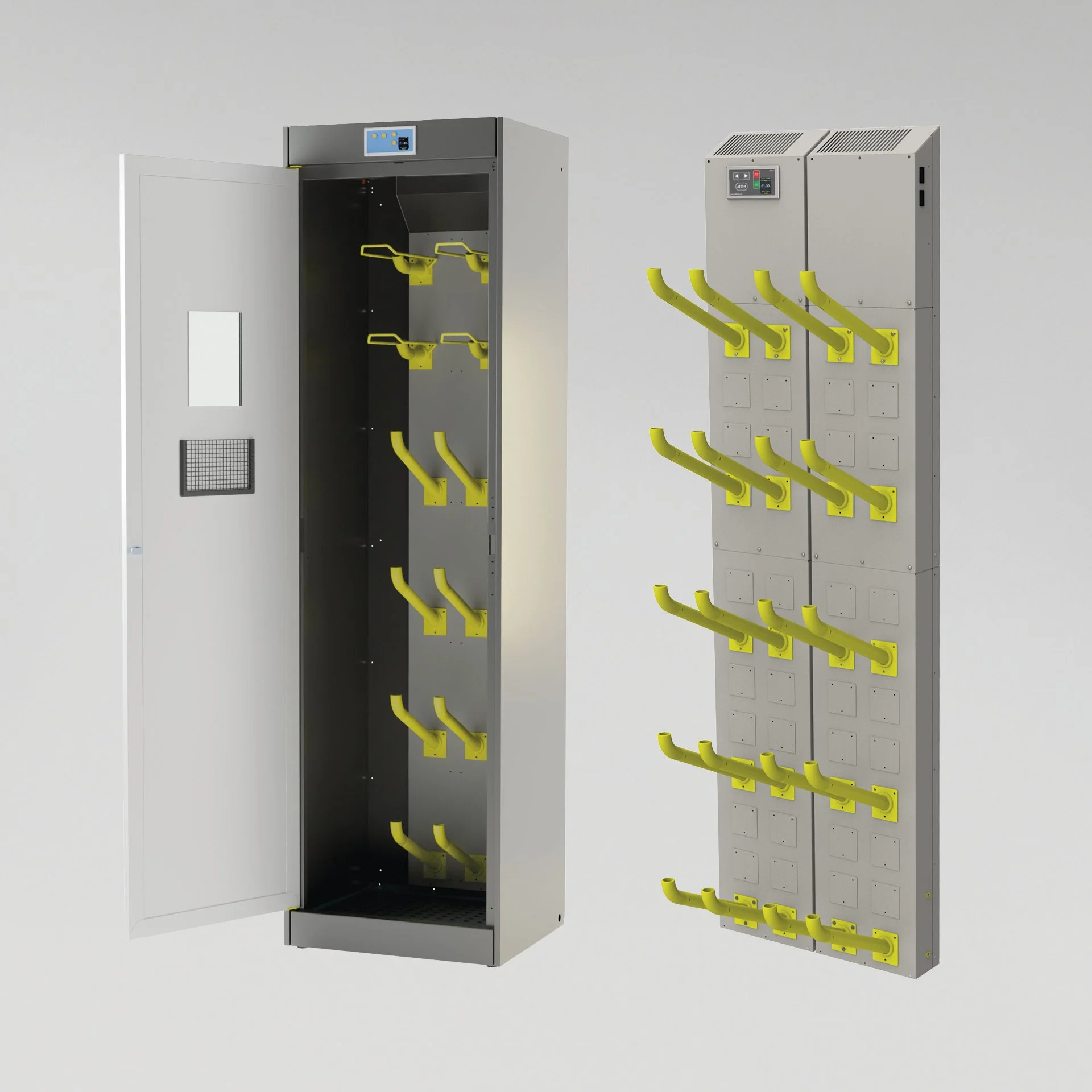 A locker system with multiple yellow hooks on a metal panel and an open locker door showing an interior with matching hooks.