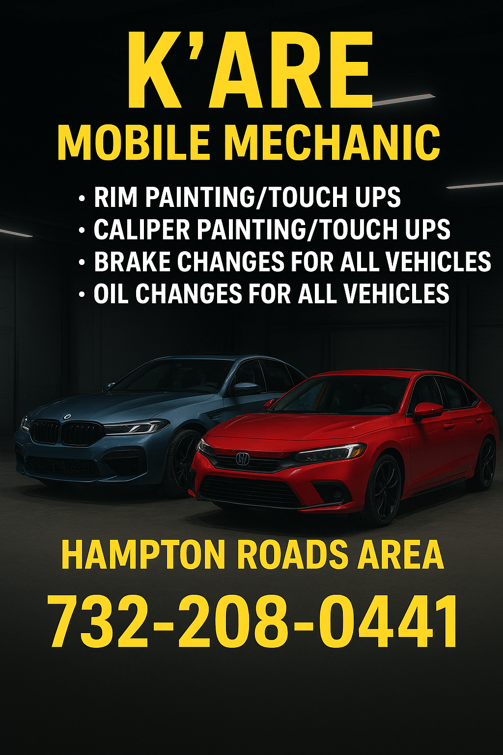 Sign advertising mobile mechanic services with a black background and yellow and white text, featuring images of a blue BMW and a red Honda Civic.