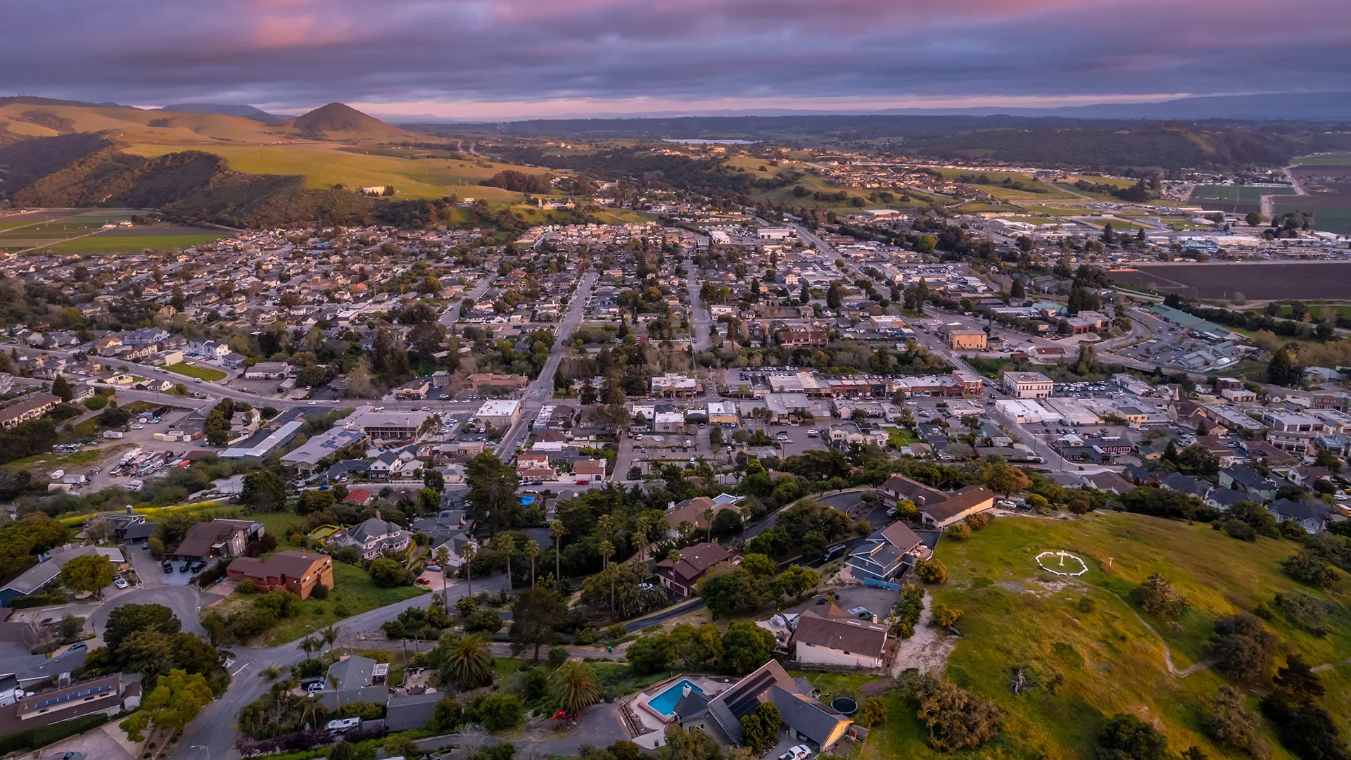 A brown horse grazing on grass inside a fenced field with green trees and a large tree in the background under a clear blue sky.