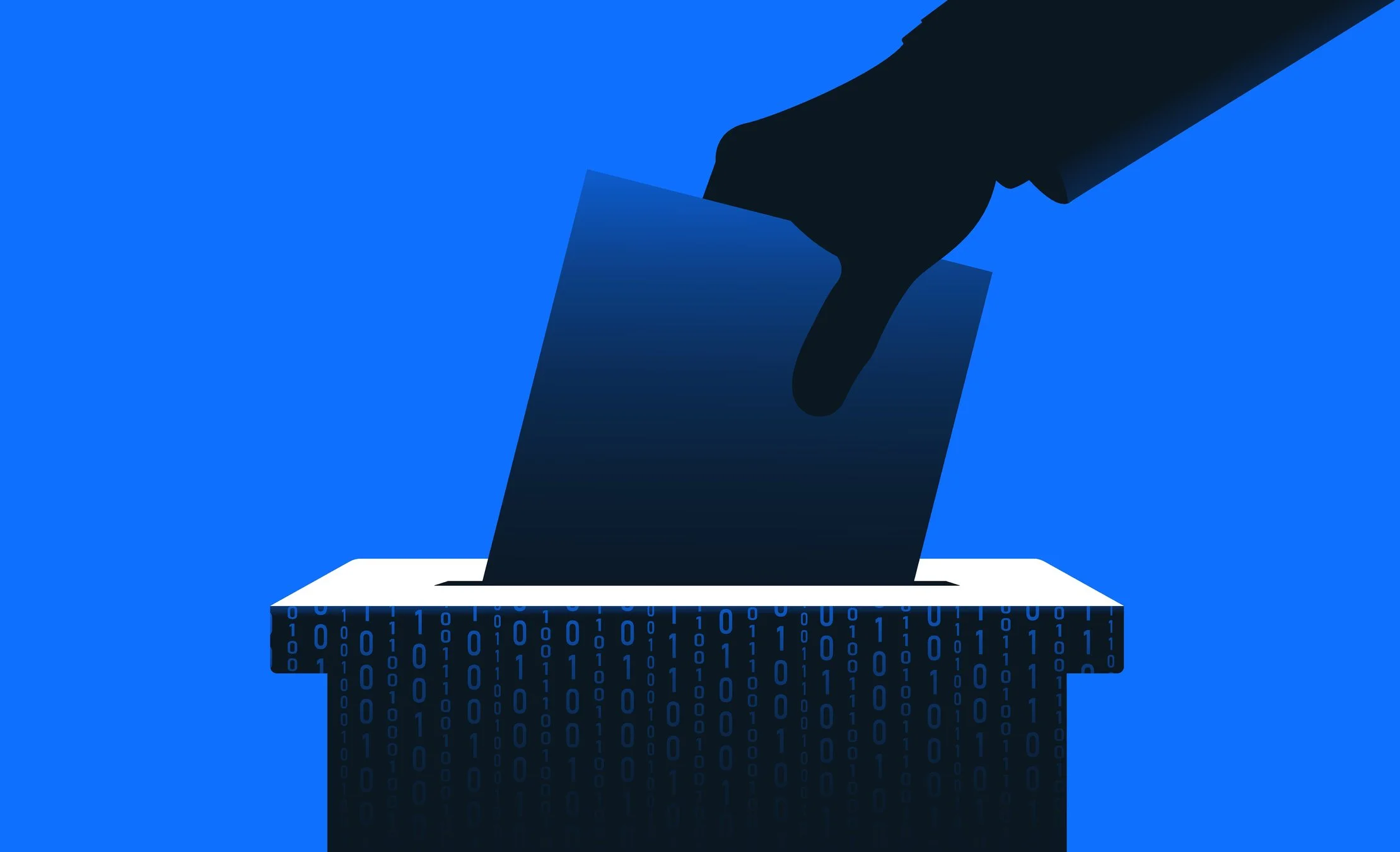 A digital illustration of a hand casting a vote into a ballot box with binary code pattern on the box, set against a blue background.