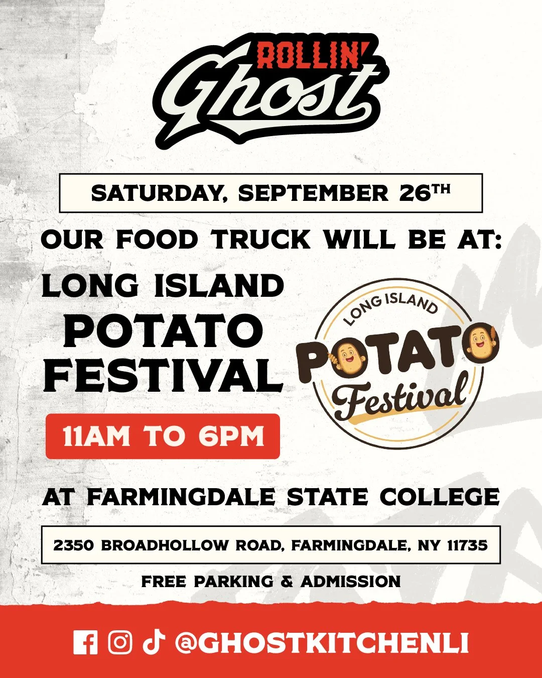 We&rsquo;re rolling into the Long Island Potato Festival this Saturday! 🥔Come find the Rollin Ghost food truck at Farmingdale State College from 11AM&ndash;6PM for a full day of food, fun, and plenty of potatoes.

Admission &amp; parking are FREE &m