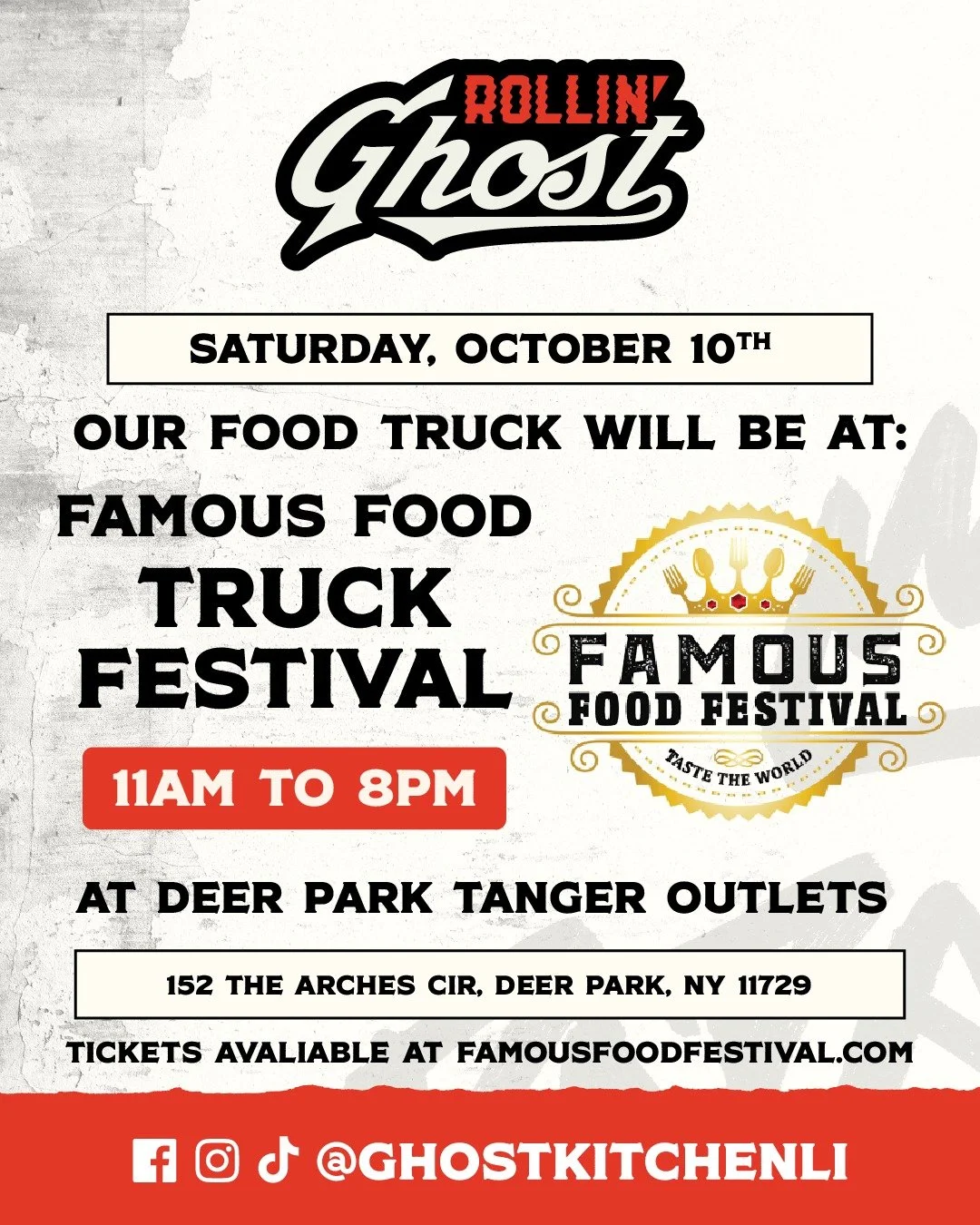 Deer Park, we're coming your way! 👻🚚

Catch the Rollin Ghost Food Truck this Saturday, October 10th, at the Famous Food Truck Festival! Come hungry, grab your favorites, and enjoy a day filled with great food.

📍 Tanger Outlets Deer Park &ndash; 1