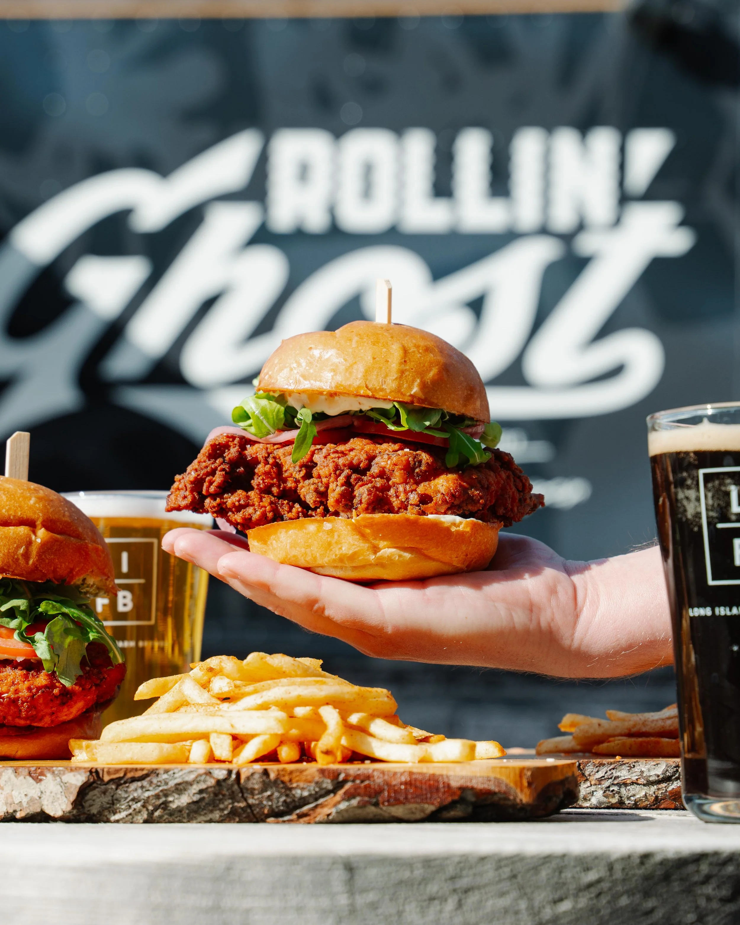 Rollin Ghost Chicken Sandwich with Fries and Beer