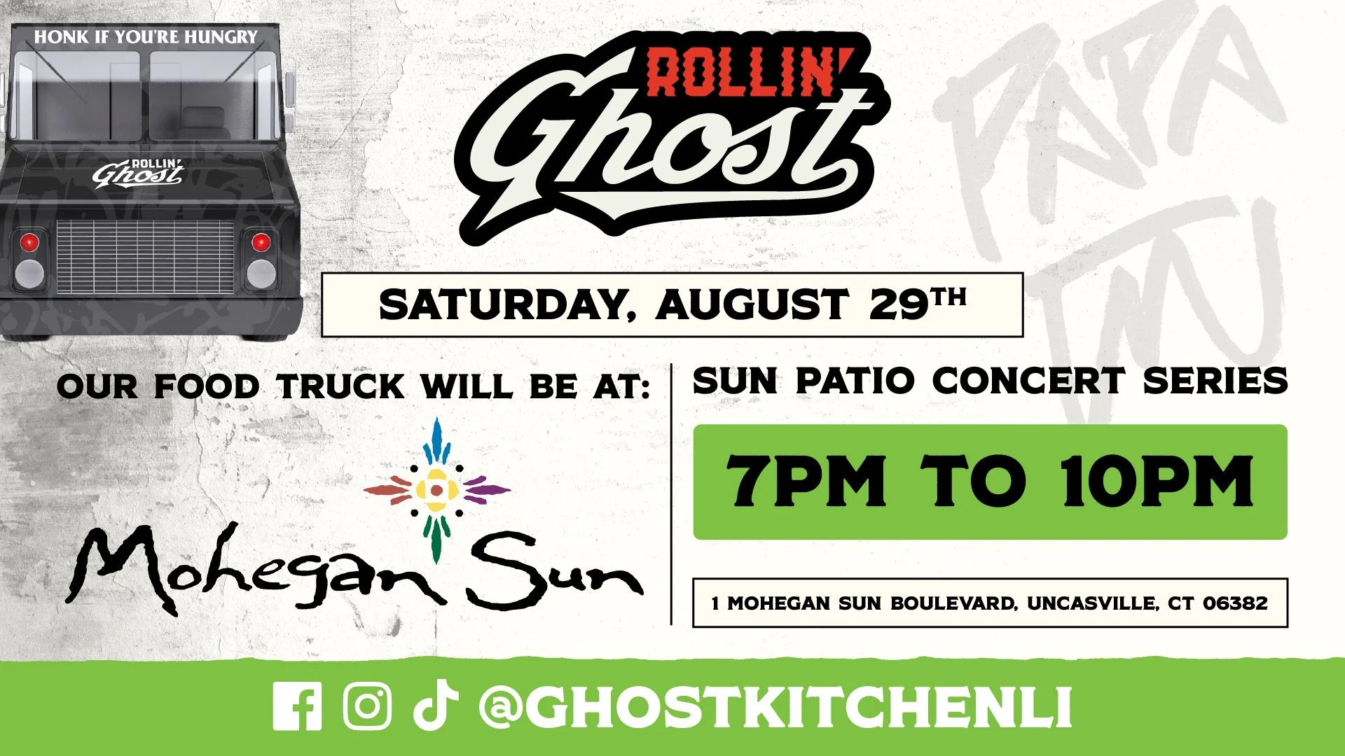 Rollin Ghost | Saturday, August 29th Our Food Truck Will Be At Mohegan Sun's Sun Patio Concert Series | 7PM to 10PM | 1 Mohegan Sun Boulevard, Uncasville, CT 06382
