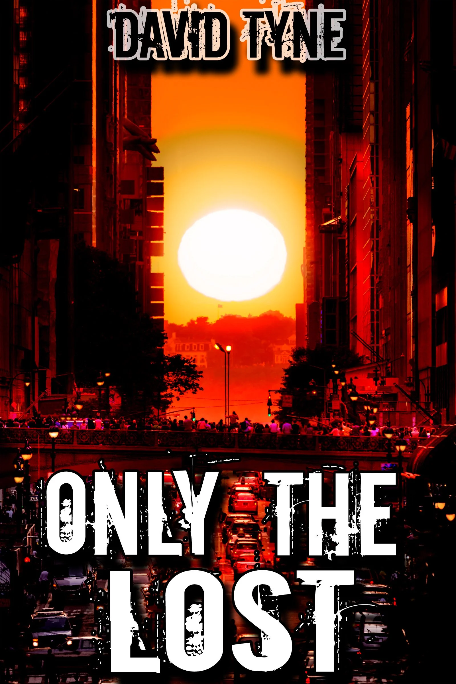A city street at sunset with tall buildings on both sides, a large sun on the horizon, and a crowd of people gathered on the street. The image contains overlaid bold, distressed text stating "ONLY THE LOUIST".