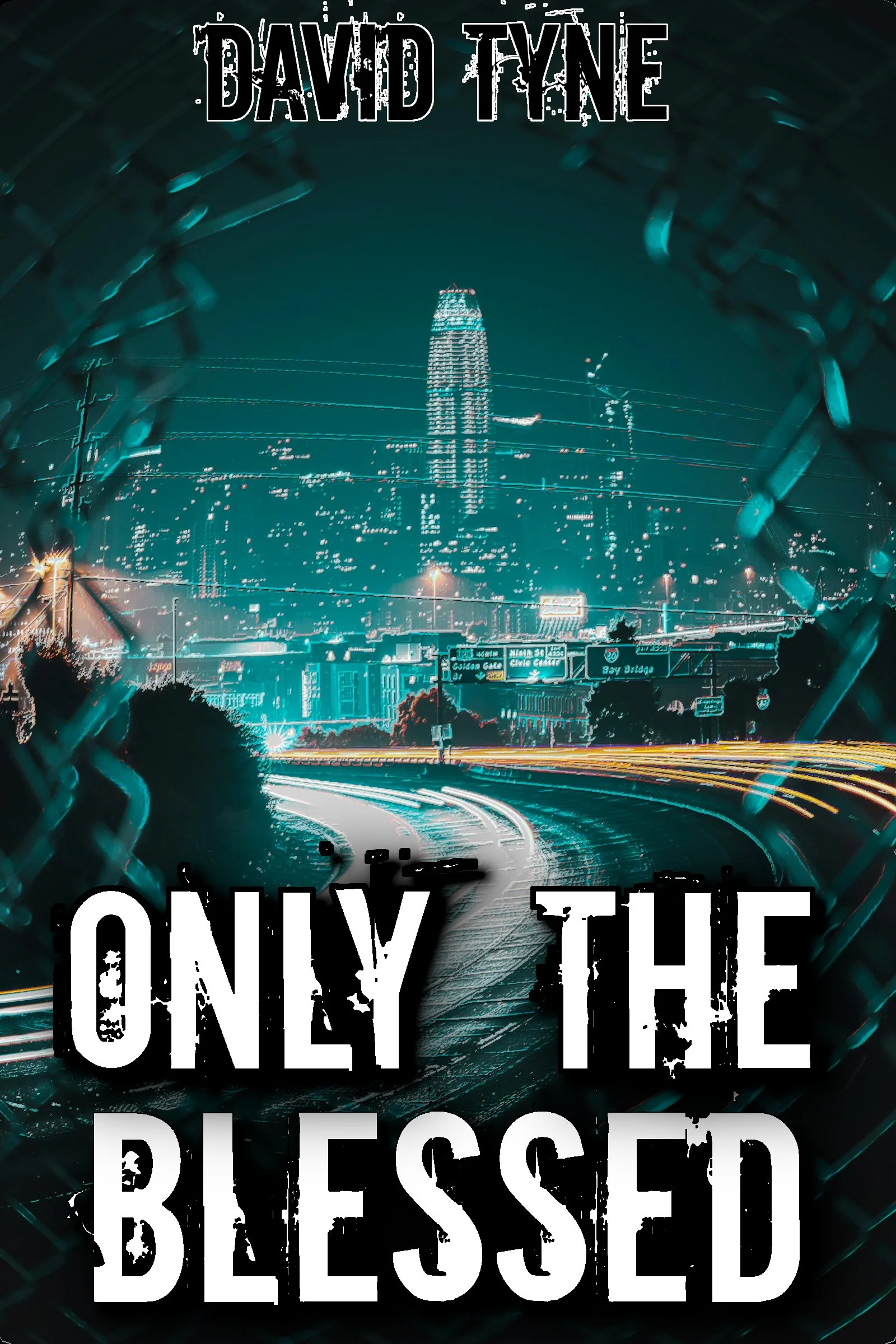 Night cityscape with tall buildings illuminated with lights, viewed through chain-link fence, featuring overlay text that reads 'David Tyn'.