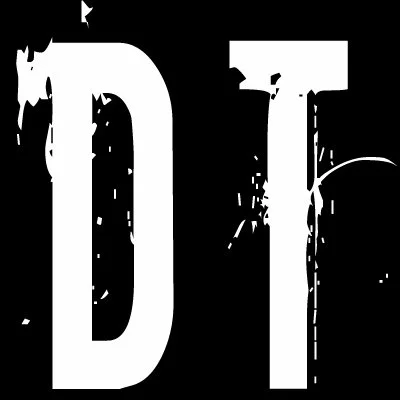 Close-up of the author logo 'D' and 'T' with a distressed, scratched texture on a black background.