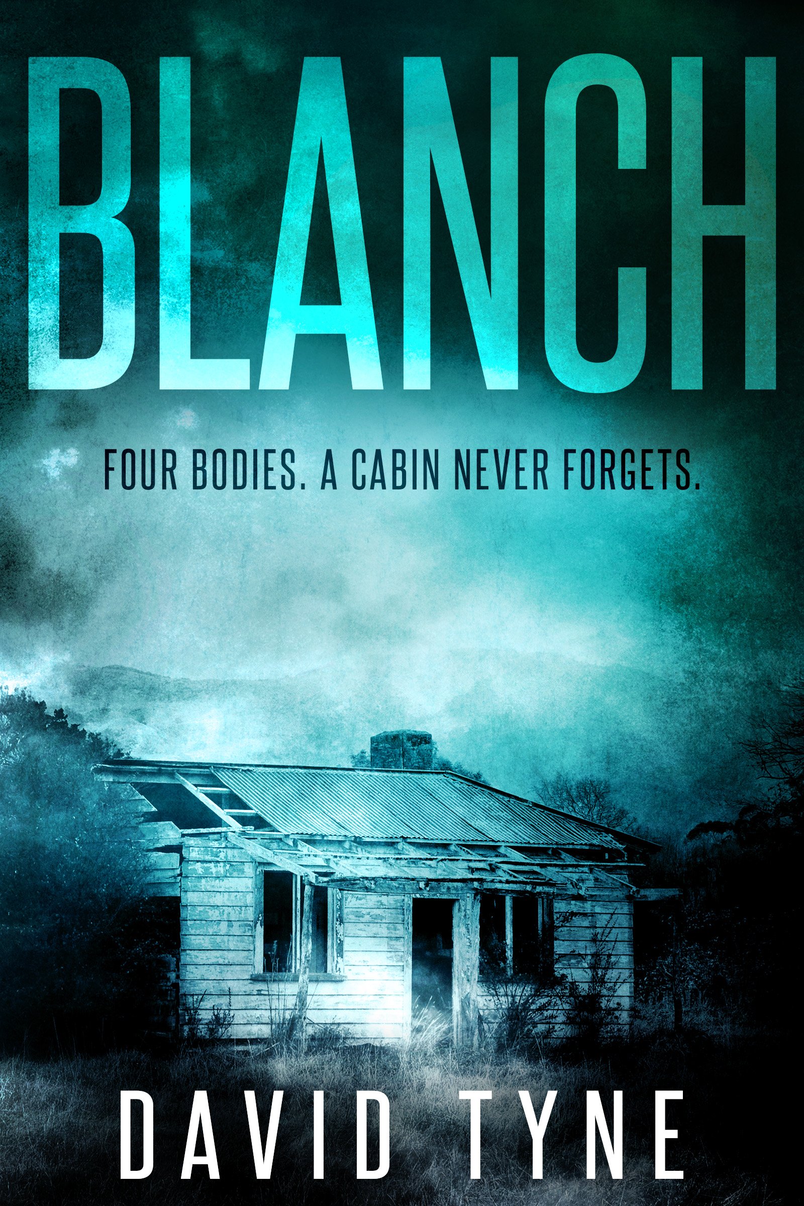 Book cover for 'Blanch' by David Tyne featuring an old, abandoned cabin in a foggy, rural landscape
