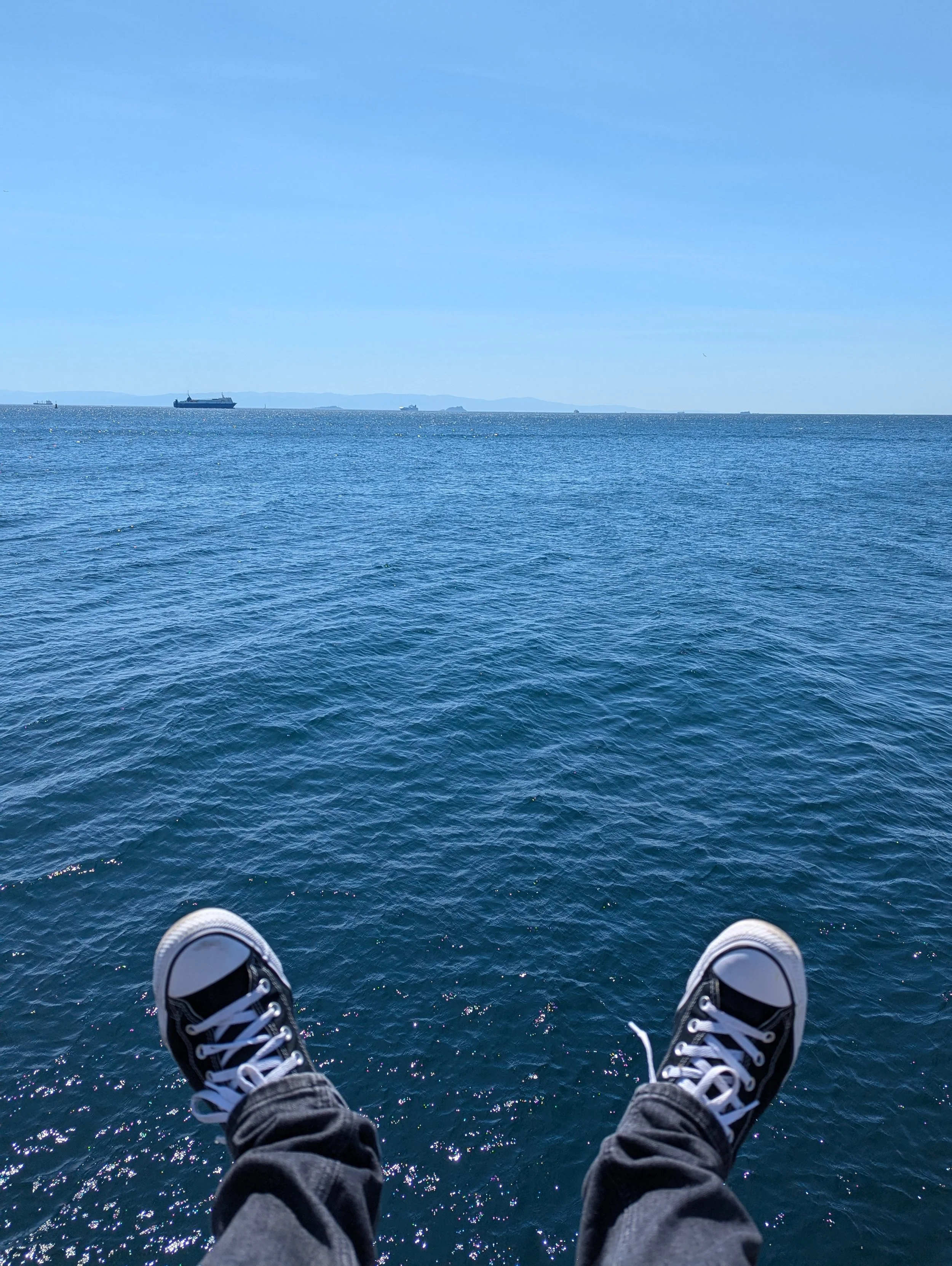 View of the ocean with a person's legs and shoes visible in the foreground, and several ships on the water in the distance.