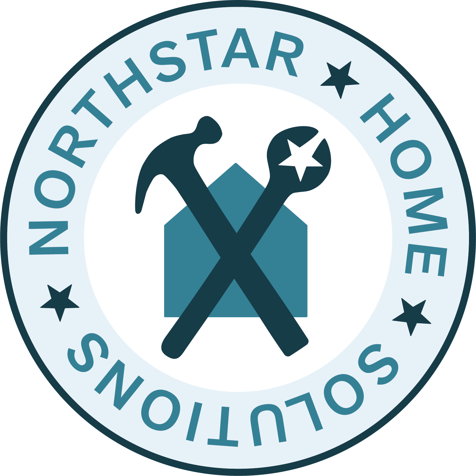 A circular badge with the text "Northstar Home Solutions" around the border. In the center, there is a hammer and a wrench crossed over a house silhouette, with stars on the tools.