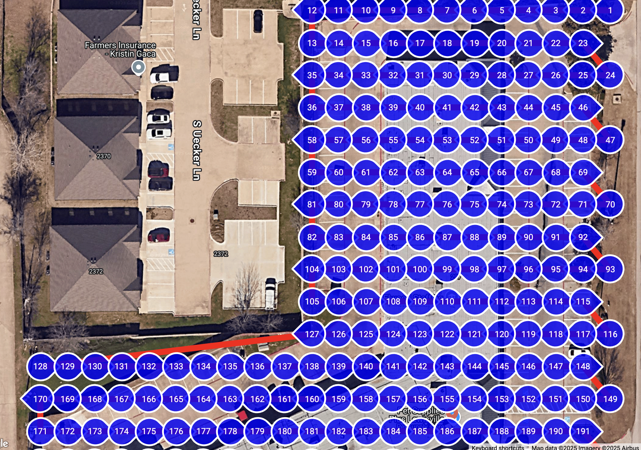 Aerial view of a parking lot with numbered blue circles indicating parking spaces. Adjacent buildings and roads are visible, with one labeled 'Farmers Insurance - Kristin Gaca.'"}