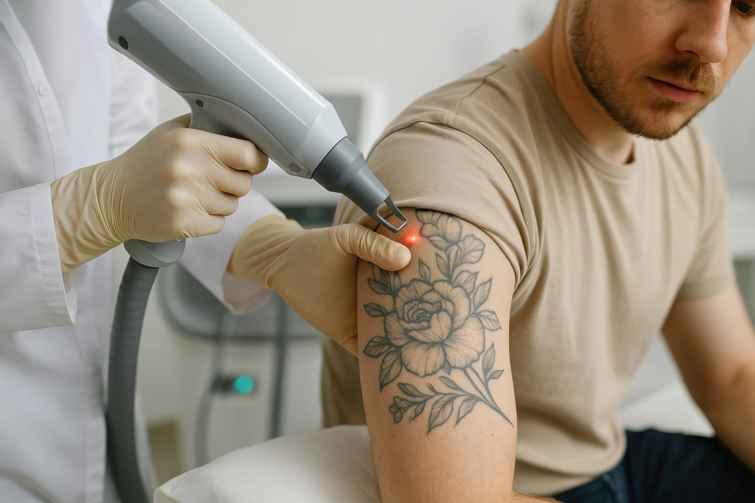 A person receiving laser tattoo removal on their upper arm, with a tattoo of flowers and leaves, as a healthcare professional uses a laser device.