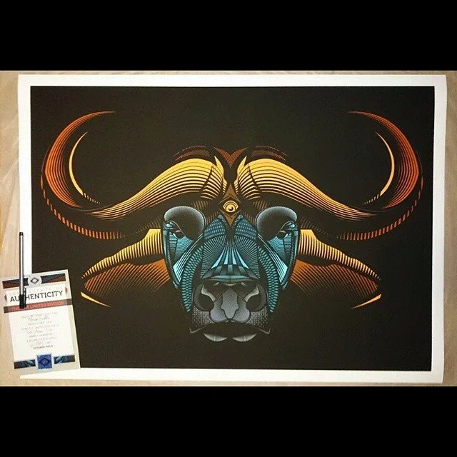 Stylized artwork of a buffalo head with vibrant blue, orange, and yellow lines against a black background.