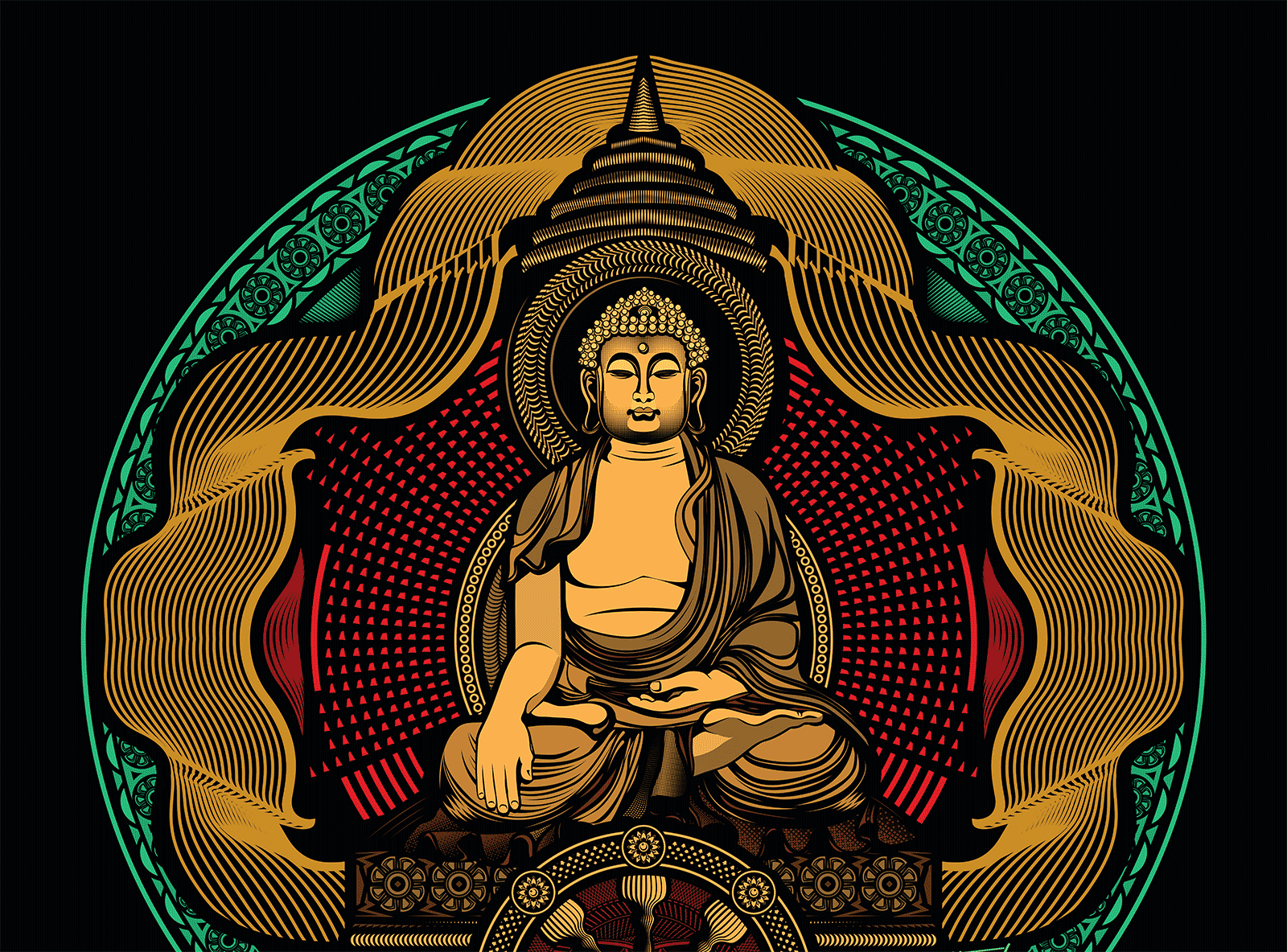 A digital, abstract illustration of The Golden Buddha by Fieldinspired with intricate geometric patterns and a futuristic, technological style. Detailed close up shot.