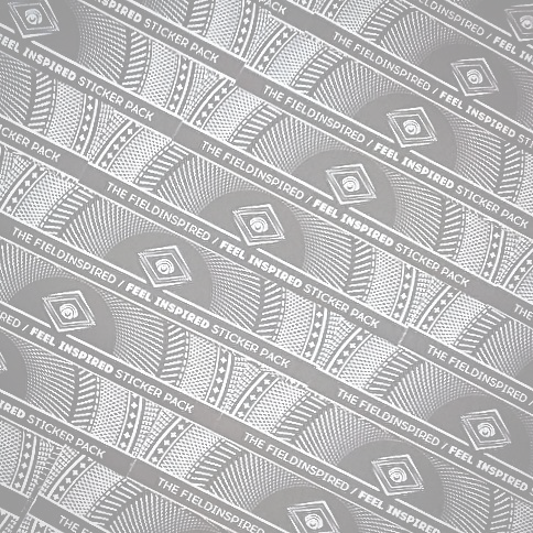 Close-up of multiple sheets of stickers with black and white circular geometric designs and text reading 'The Fieldinspired / Feel Inspired Sticker Pack'.