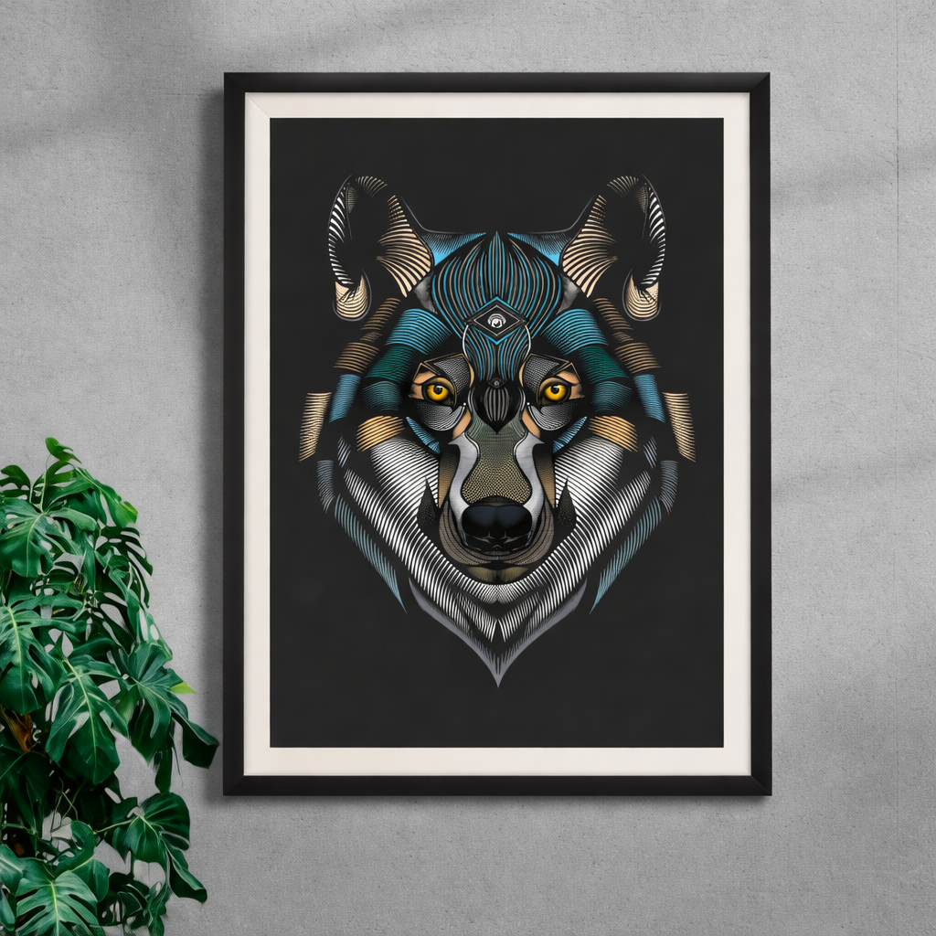 Framed artwork of a stylized wolf's face hanging on a wall, with peacock-like feathers and intricate detailing, next to a green potted plant.