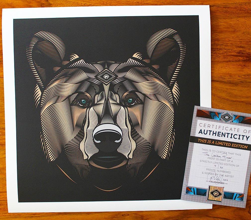 Artistic illustration of a bear's face with a geometric and stylized design, accompanied by a certificate of authenticity verifying it as a limited edition print.