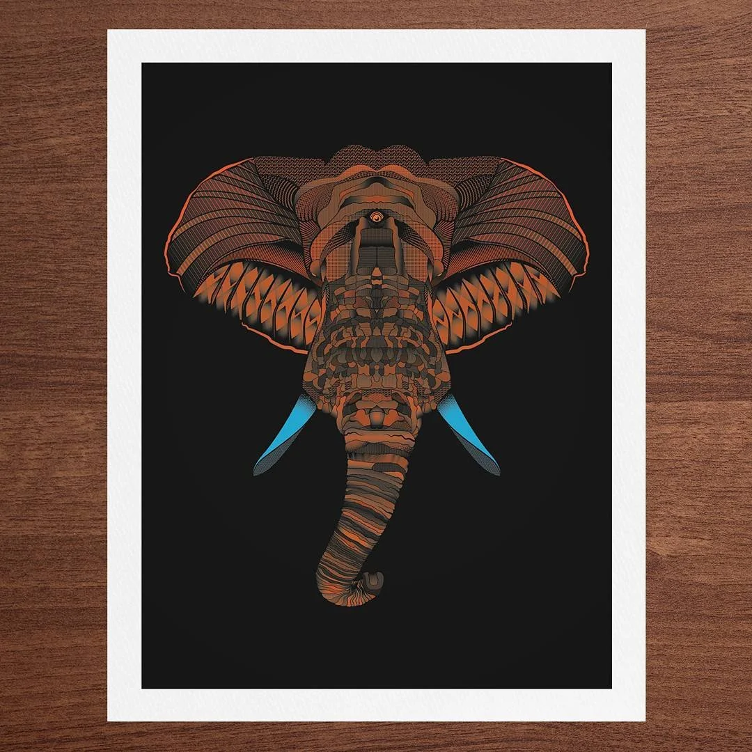 Digital illustration of an elephant with butterfly wings, featuring intricate brown, orange, and blue patterns, set against a black background.