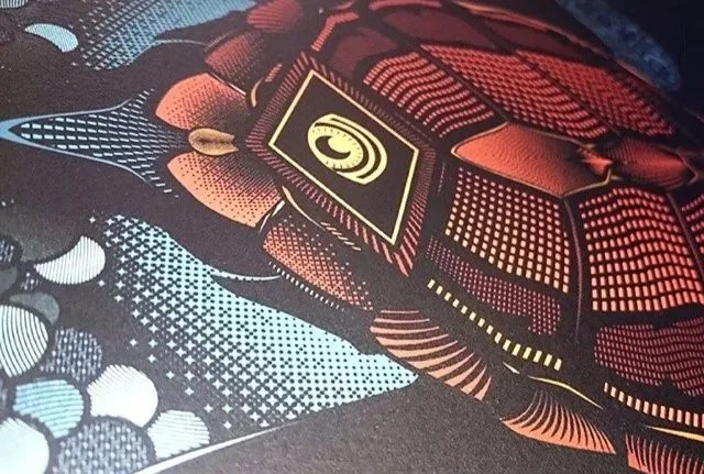 Close up photo of the Travelling Turtle by Fieldinspired, signed, certified and printed on high quality Somerset Enhanced Velvet. Ready to be sent to a customer.