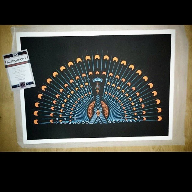 Colorful, geometric patterned artwork of a peacock with its tail displayed in a symmetrical, fan-like arrangement on black background.