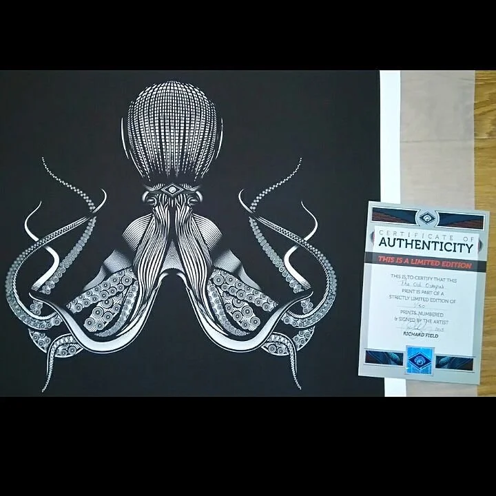 Black and white print of an octopus with a stylized, intricate design, alongside a certificate of authenticity.