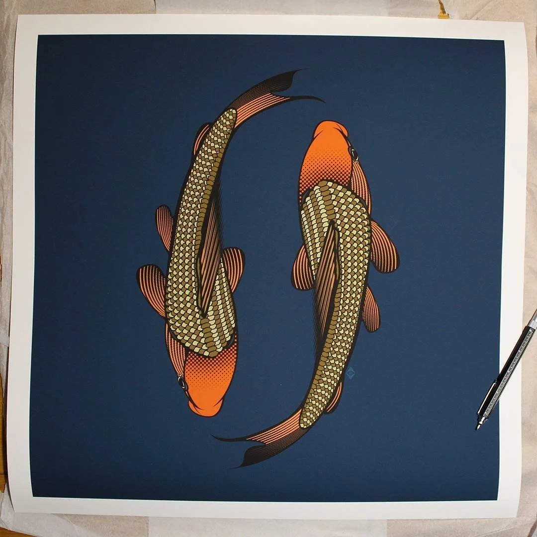 Two koi fish with orange, black, and gold scales swimming in a clockwise circle against a dark blue background.