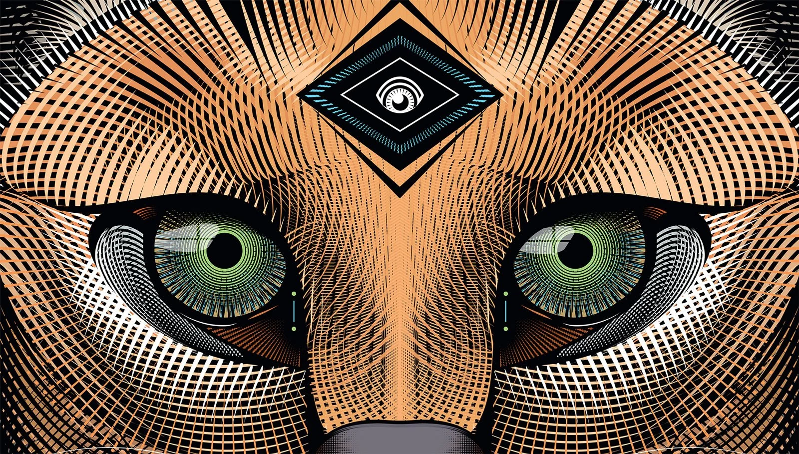 A digital, abstract illustration of The Eyes of Caracal with intricate geometric patterns and a futuristic, technological style.