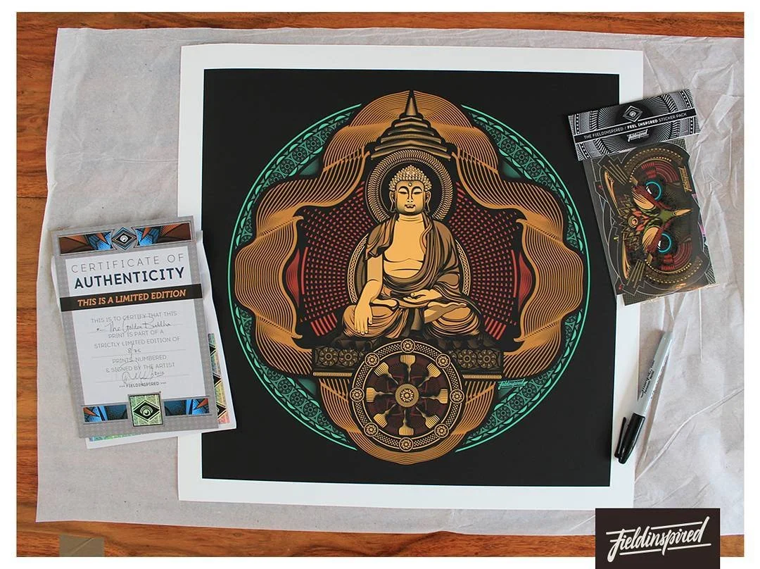 A photo of The Golden Buddha printed on high quality Somerset Enhanced Velvet, signed and certified limited edition. Taken just before rolling up and shipping out.