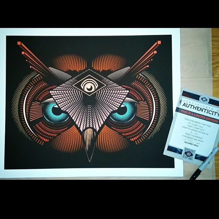 Digital artwork of an owl with angular geometric shapes, neon blue eyes, and a complex pattern of dots and lines on a black background.