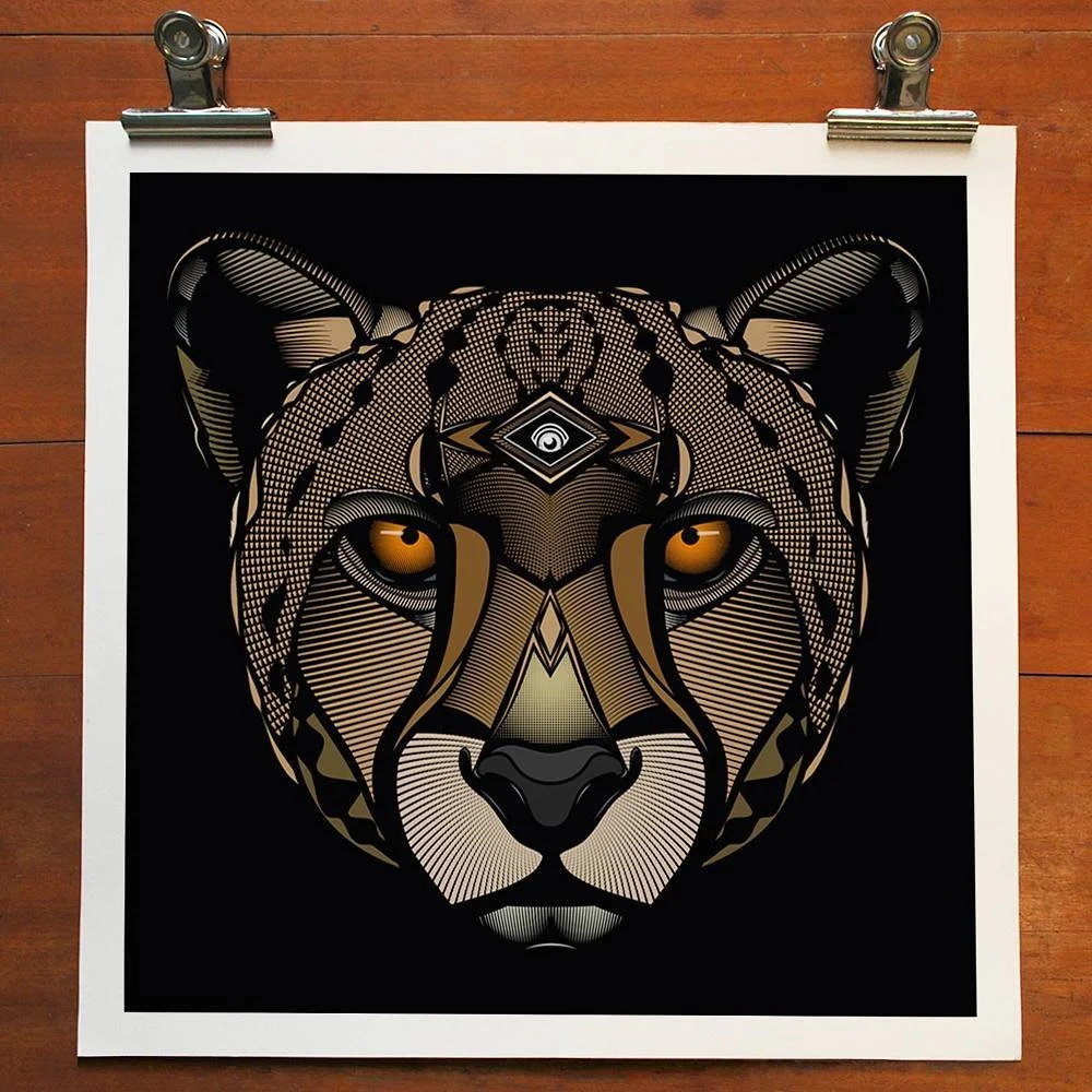 A detailed, stylized illustration of a leopard's face with orange eyes on a black background.