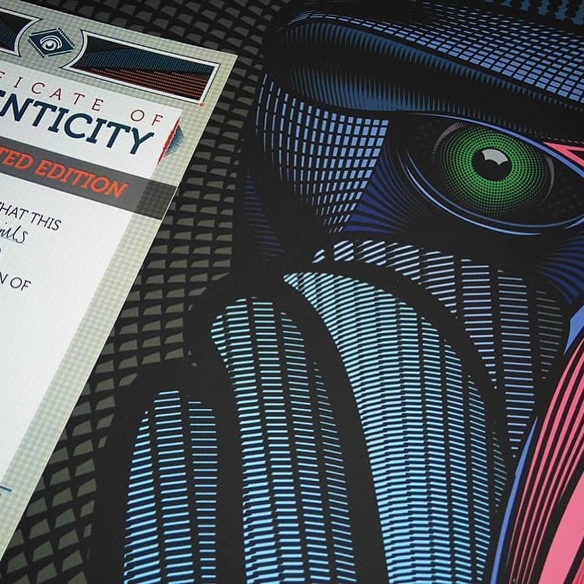 A city license plate and a graphical illustration of a robot's face with neon lines and a green eye.