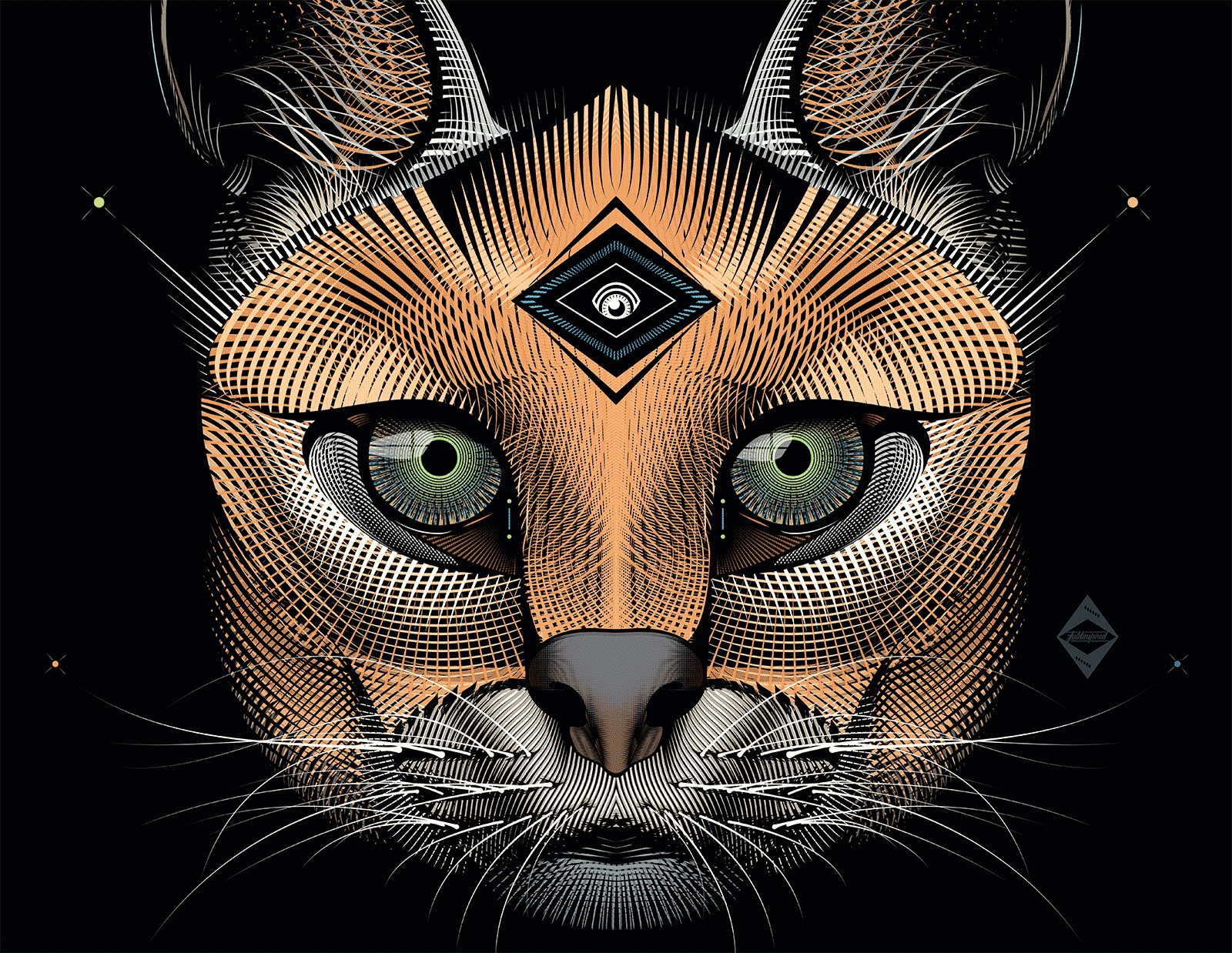 A digital, abstract illustration of The Eyes of Caracal by Fieldinspired with intricate geometric patterns and a futuristic, technological style. Detailed close up shot.