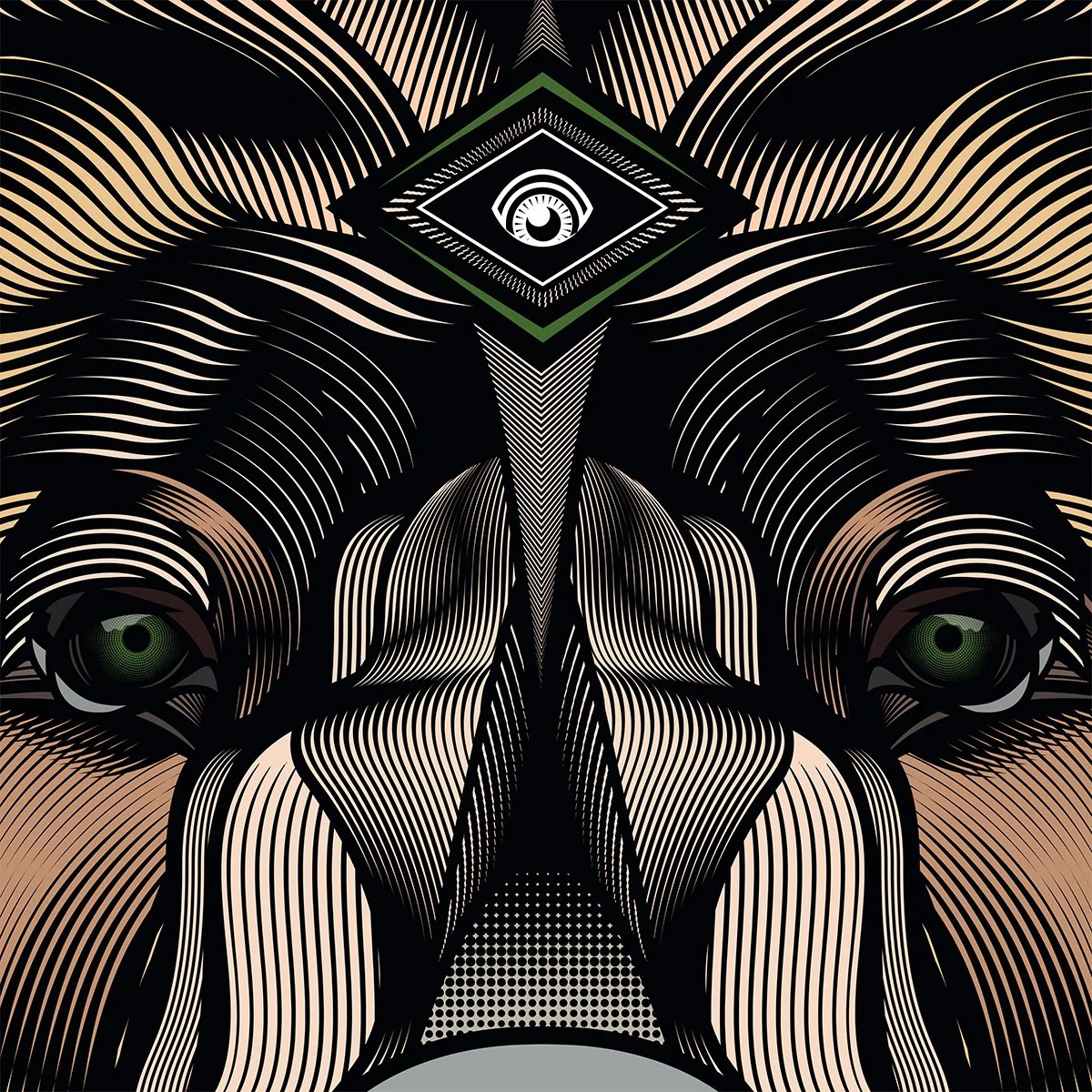 A digital, abstract illustration of Golden Bear by Fieldinspired with intricate geometric patterns and a futuristic, technological style. Detailed close up shot.