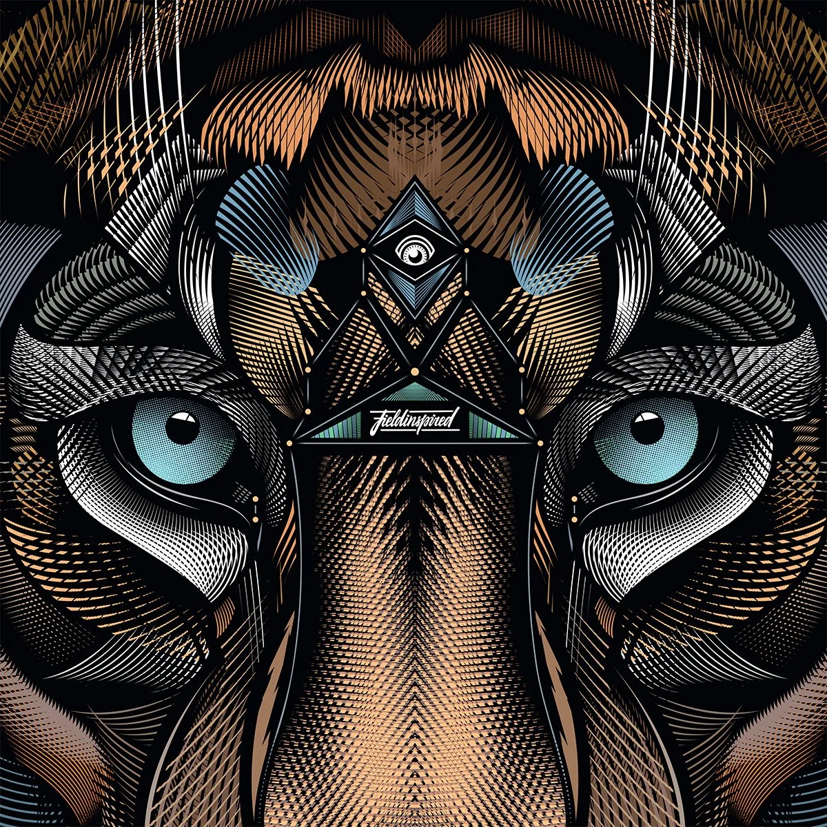 A digital, abstract illustration of Klexos Tiger by Fieldinspired with intricate geometric patterns and a futuristic, technological style. Detailed close up shot.