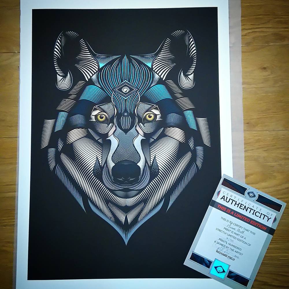 Digital artwork of a wolf's face with geometric patterns and a blue eye design on a black background, accompanied by a certificate of authenticity.