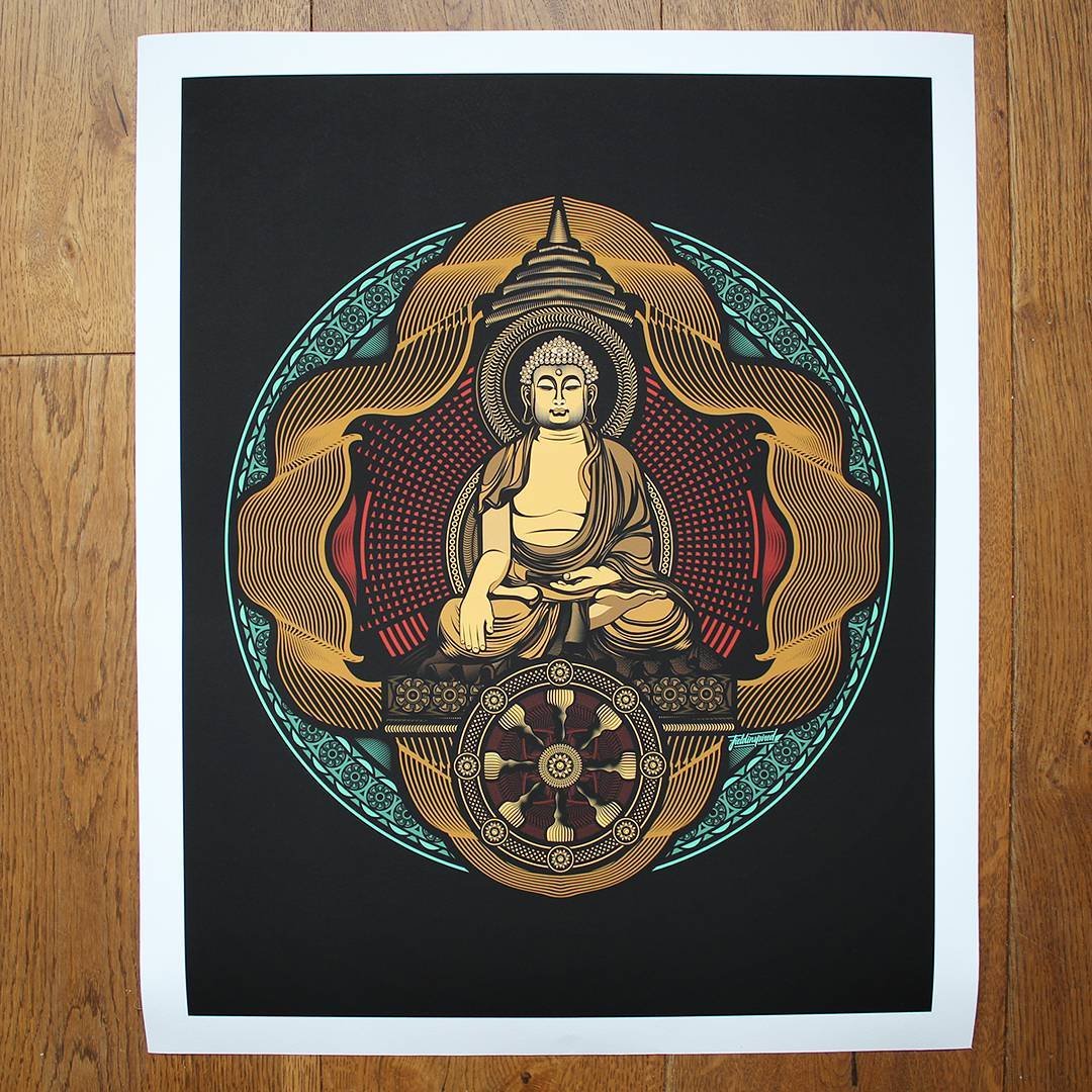 Stylized artwork of Buddha in a seated meditation pose with intricate decorative patterns and a black background, framed by a white border.