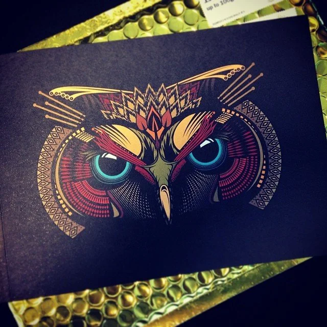 Close-up of a dark-colored book cover featuring a colorful, stylized owl with intricate geometric patterns.