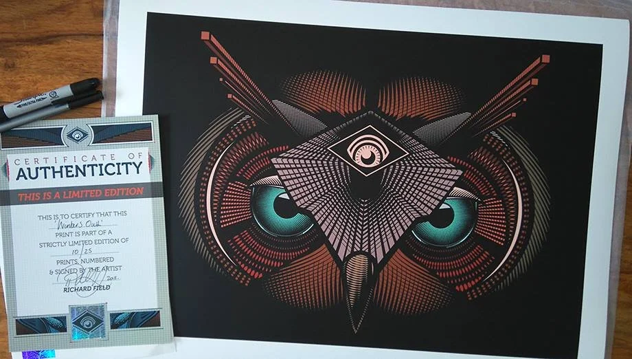 Digital artwork of an owl's face created with geometric patterns, with glowing turquoise eyes, on a black background.