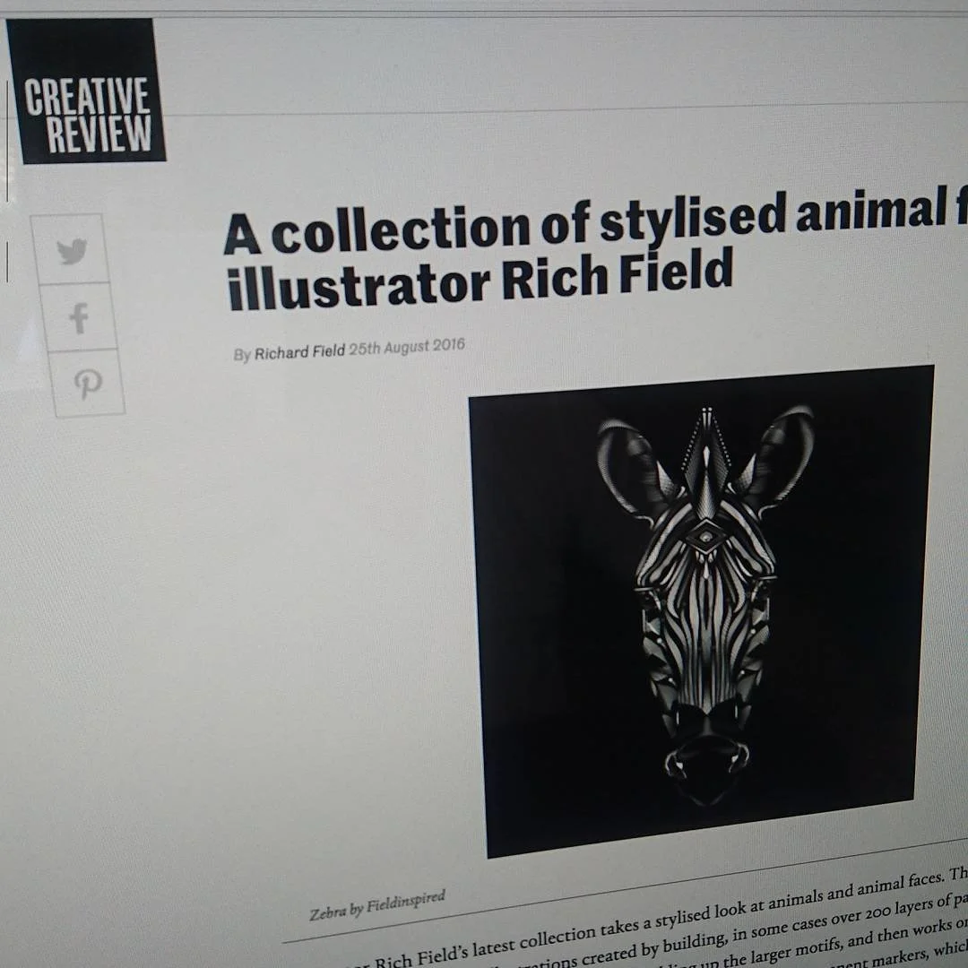 Webpage headline: "A collection of stylised animal faces by illustrator Rich Field" with the date August 25, 2016. There is a black and white zebra illustration on the right side.